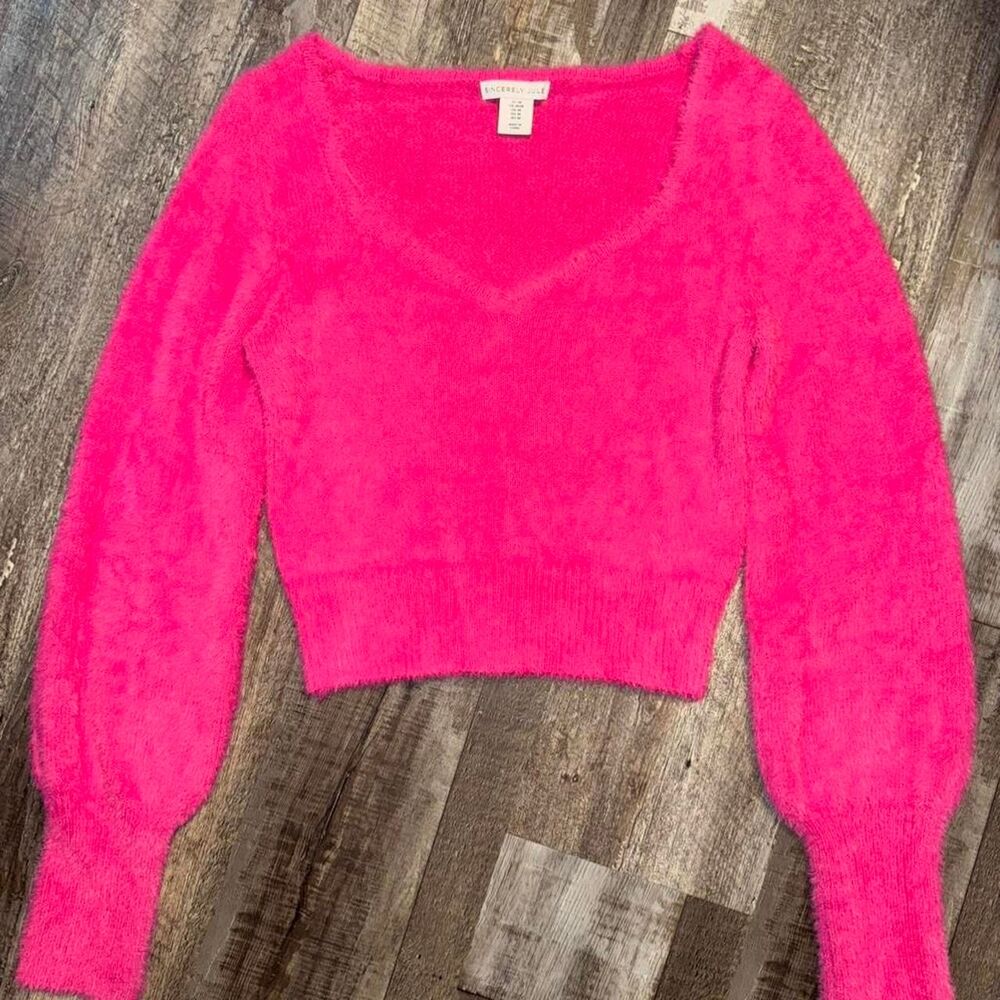 Pink Fuzzy Cropped V-Neck Sweater- Women's Medium- Sincerely Jules